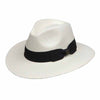 White toyo straw panama hat with black band and side bow