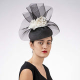 pillbox cocktail hat with crinoline mesh veil white satin flower