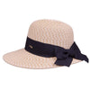 Mixed beige asymmetrical brim hat with wide black ribbon and bow in back