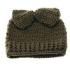 olive knit ponytail hole beanie with bow under the opening