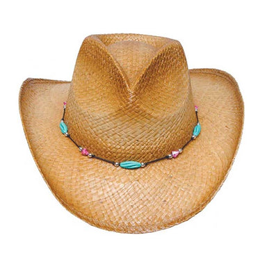 Cowgirl Embroidered Toasted Panama Straw Hat with Turquoise Colour Stone