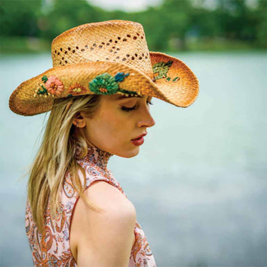 Crochet Raffia Cowboy Beaded Hat in Natural/ Turquoise, Beach Bunny