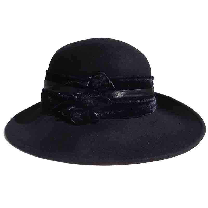 Large Brim Satin Adorned Wool Felt Hat by Adora®-Black-Winter Headwear ...