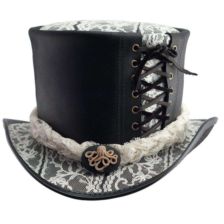 Havisham Black Leather Steampunk Top Hat Head N Home SetarTrading Hats   Steampunk Hatter Havisham Black White Lace F 905x905 