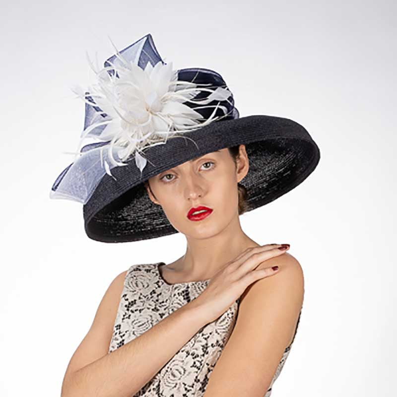 Tiffany Brim Polystraw Dress Hat with Feather Flower - KaKyCO ...