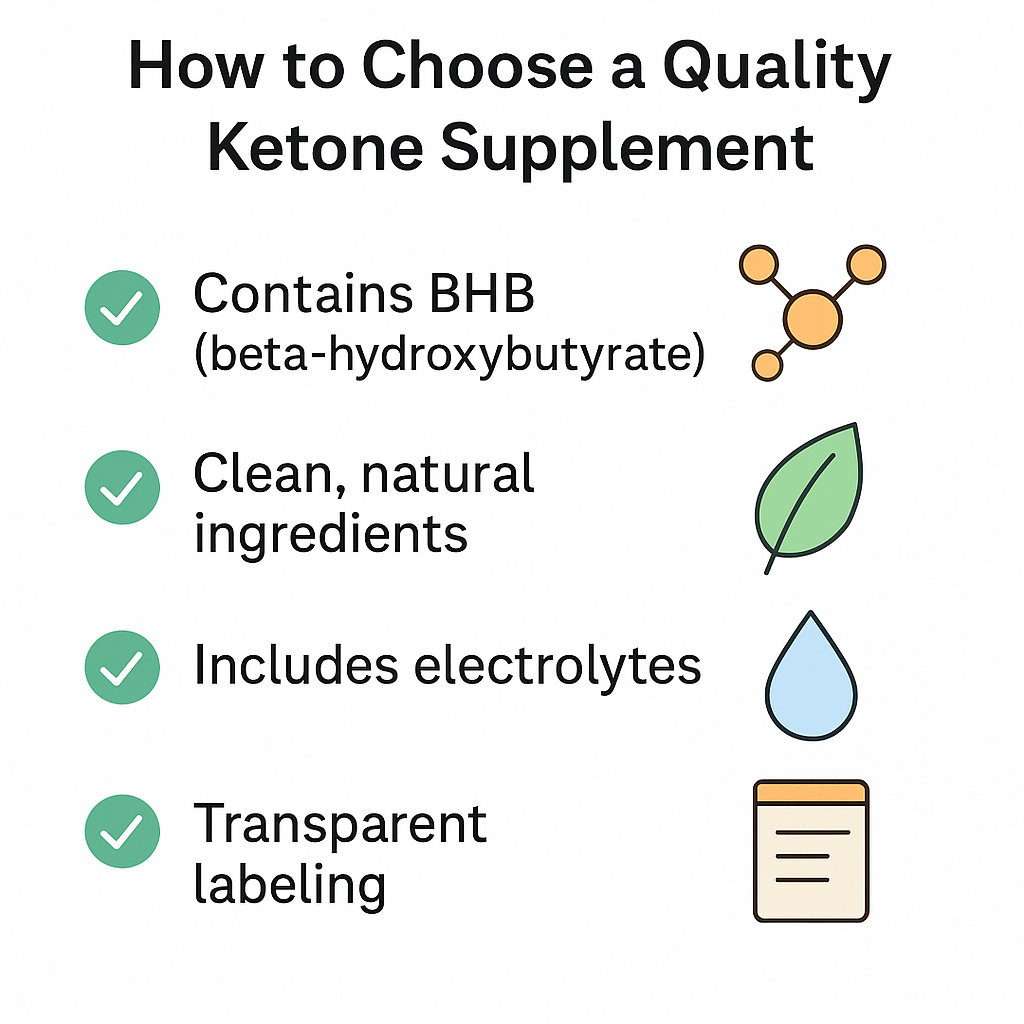 Checklist graphic showing what to look for in a ketone supplement: BHB, clean label, electrolytes, transparency.