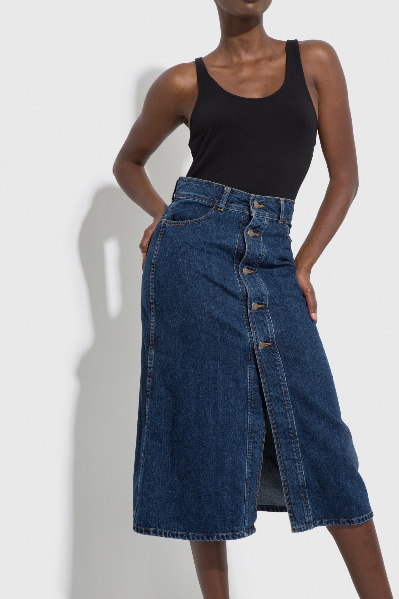 long denim skirt with buttons