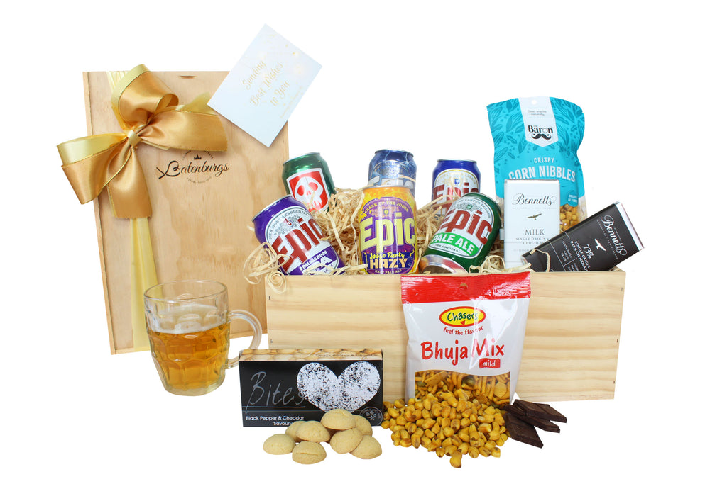 Large wooden gift box with six 330ml Epic beers, crispy corn nibbles, pepper and cheddar savoury bites, bhuja mix, two Bennett's of Mangawhai chocolate bar