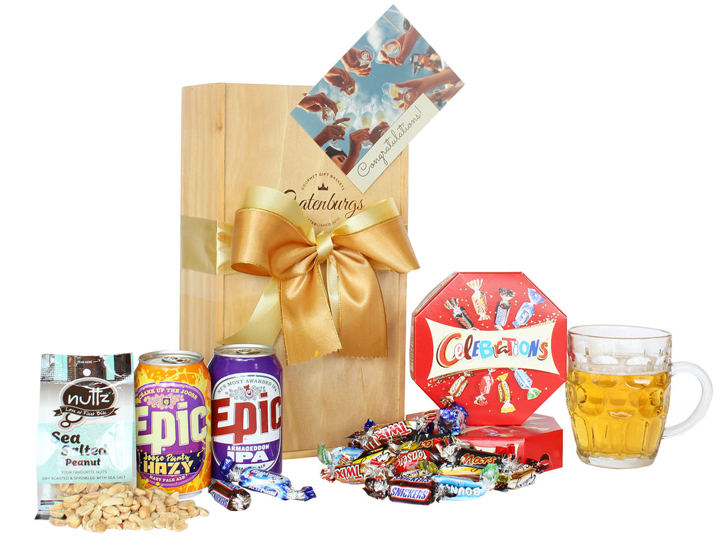 Medium wooden gift box with sea salted peanuts, two cans of 330ml Epic beer, box of celebration chocolates