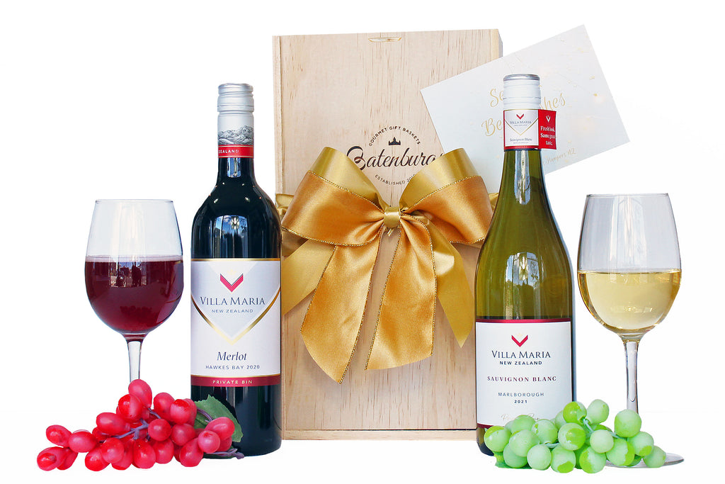 NZ gift hamper. Villa Maria wine, Merlot and Sauvignon Blanc. New Zealand Batenburgs Gift Hampers