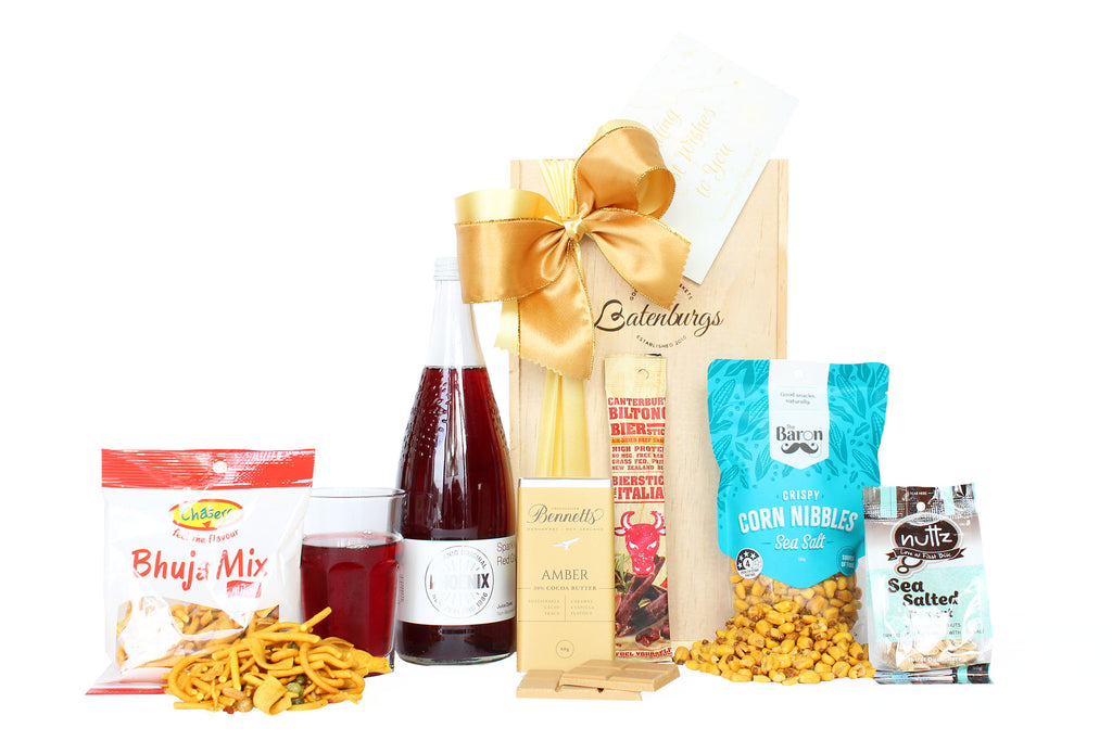 Medium wooden gift box, with Bhuja Mix, Phoenix Sparkling Red Grape juice 750ml, Bennett's of Mangawhai chocolate bar, Bierstick, crispy corn nibbles and sea salted peanuts