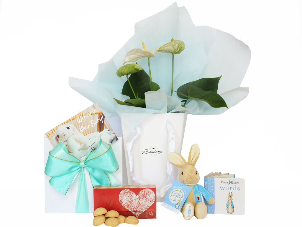 Flowers in white gift bag with blue Vilene, shortbread bites, Peter Rabbit soft toy and book