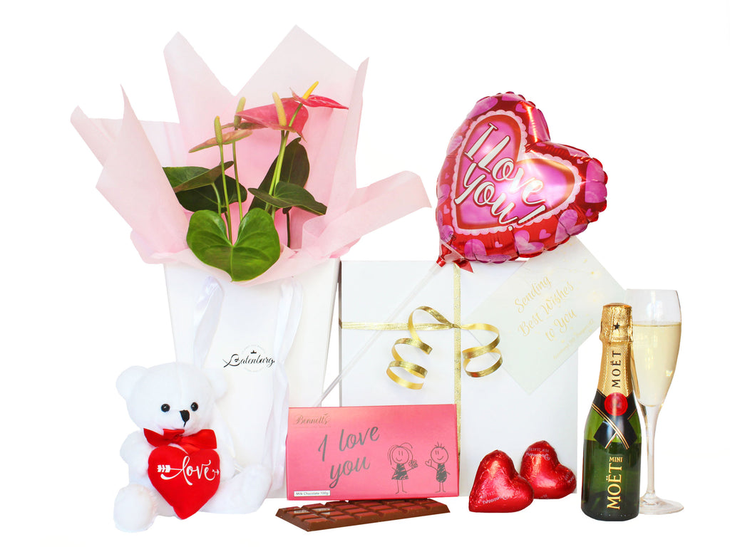 I love you gift with Moët, I love you balloon and chocolate, love themed teddy beat and exotic flowering plant. Batenburgs Gift Hampers New Zealand