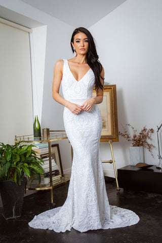 Kalani V Neck Sequin Fitted Bridal Gown