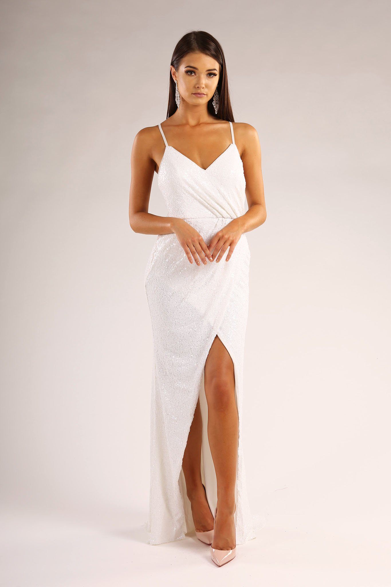 white sleeveless gown