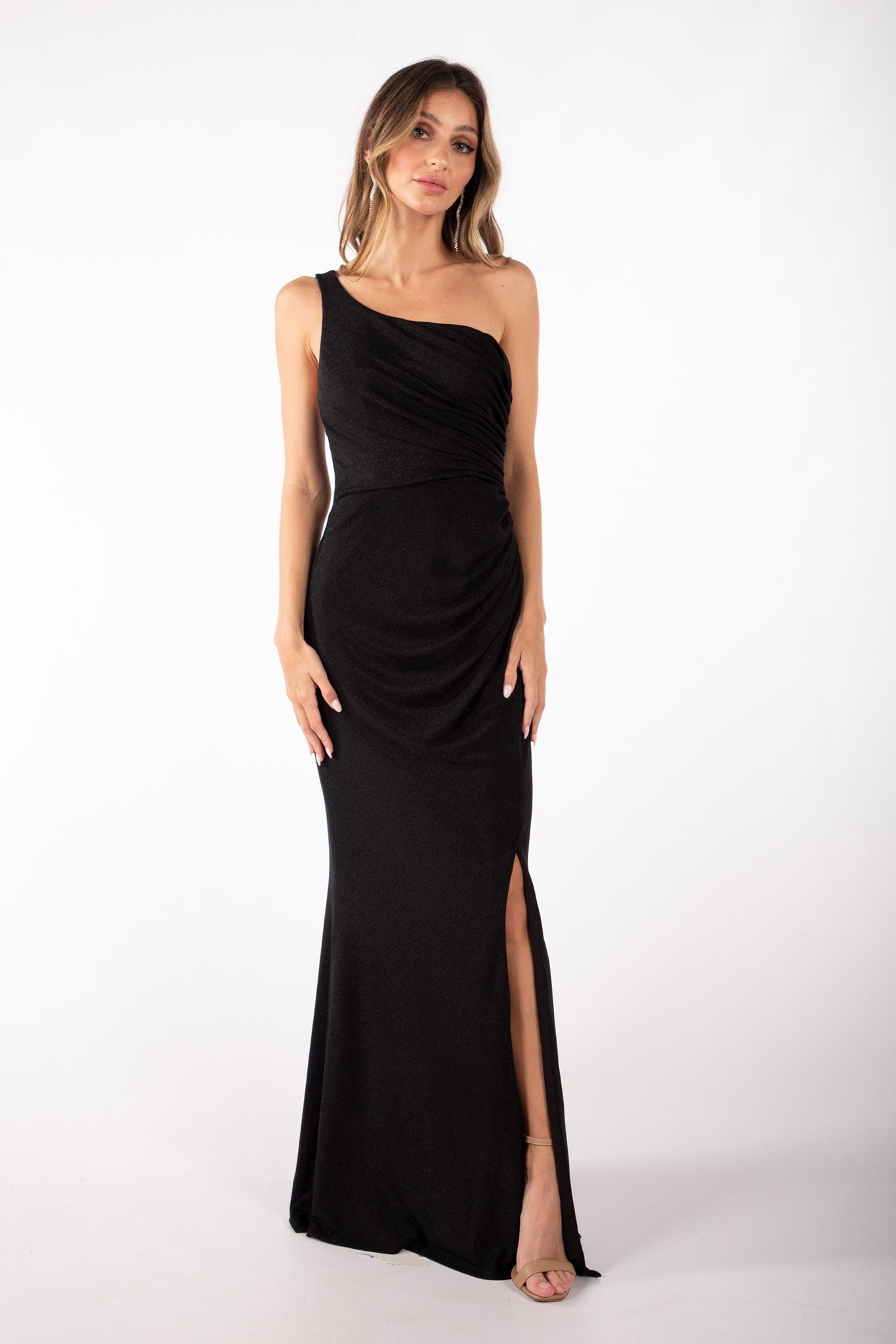 CALI One Shoulder Maxi Dress - Shimmer Black | Noodz Boutique