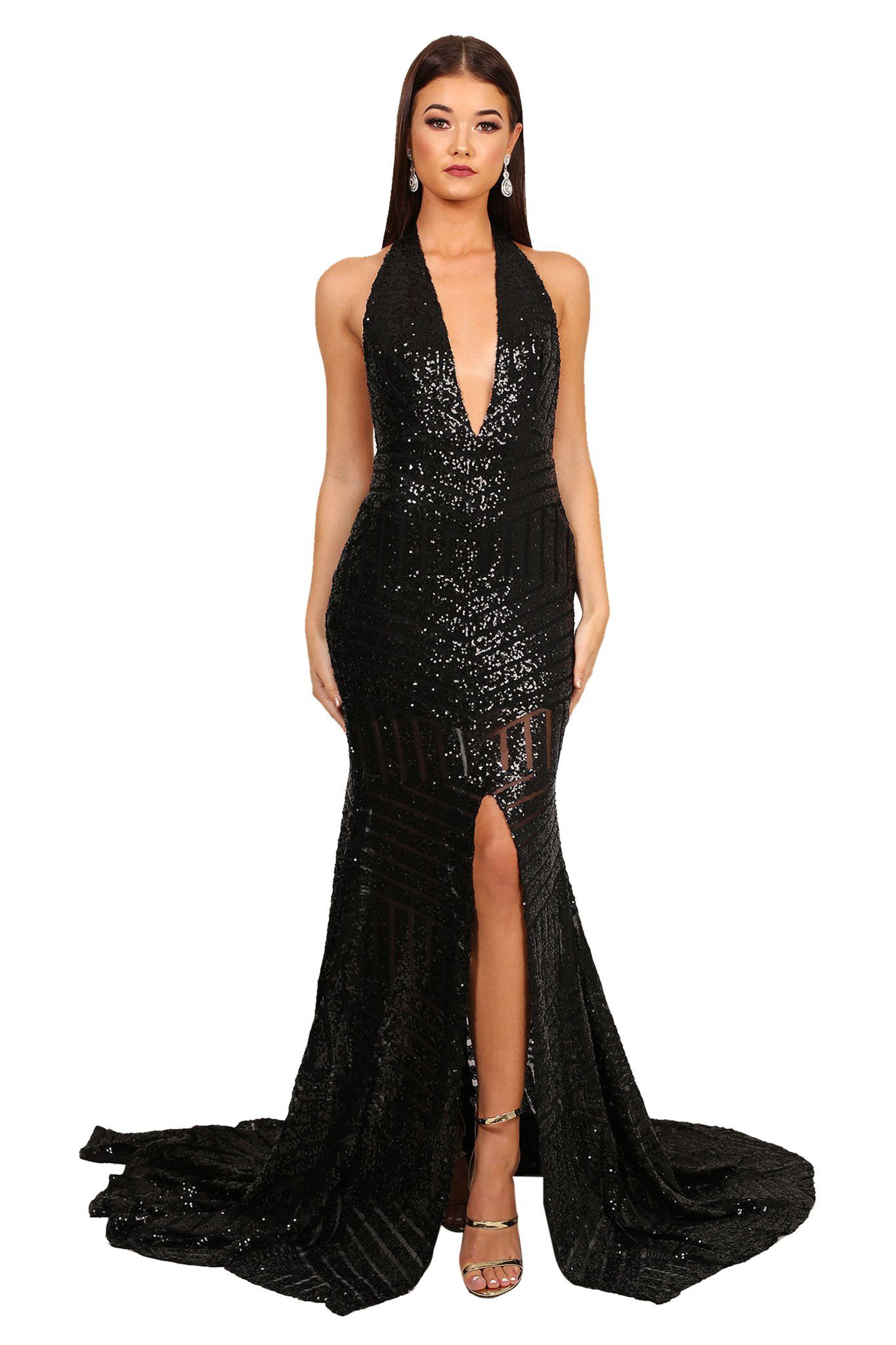 Sexy Plunging Neckline Sparkly Black Evening Dresses TCDBF2019