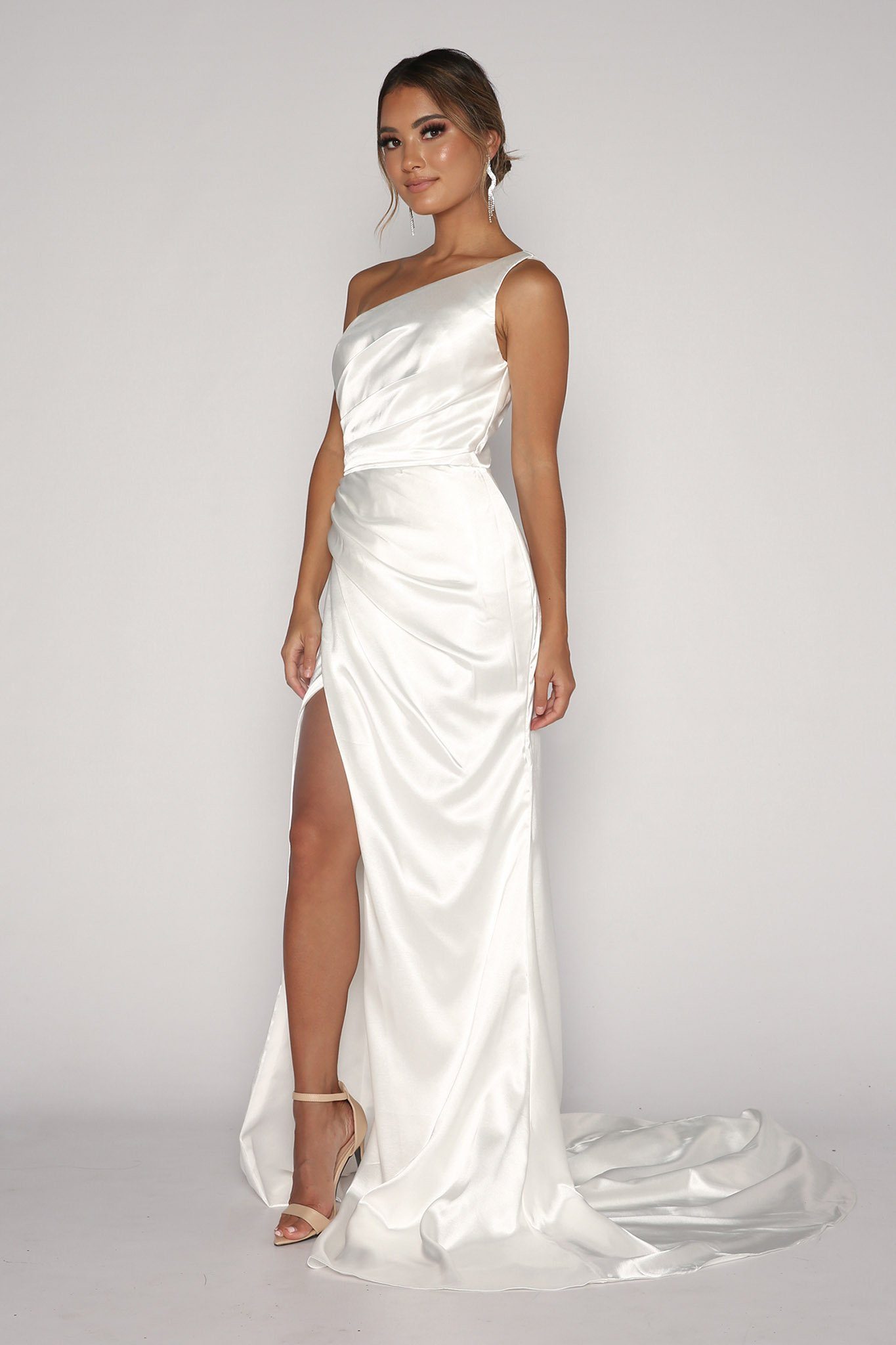 one shoulder white satin dress