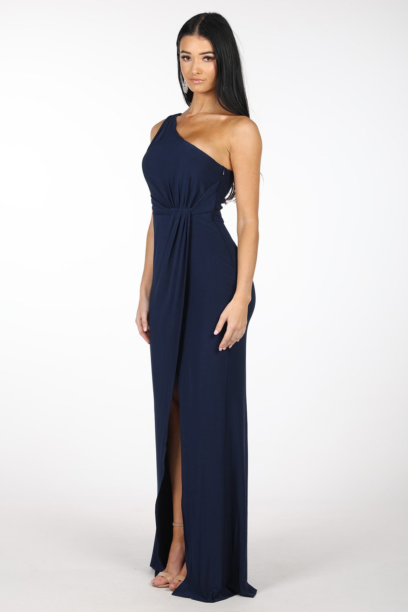 navy blue one shoulder dress