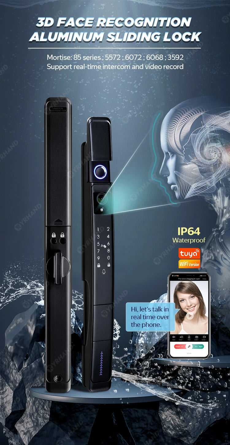 3D Face Lock | Tuya WiFi, Video, IP66, Fingerprint, Sliding Door - P12 Hub Europe