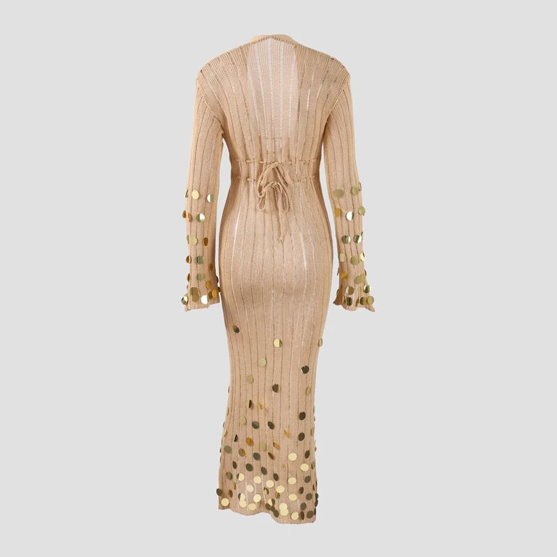 Sequin Knit Maxi Dress Deep Neck Lace Up Sexy - P12 Hub Europe