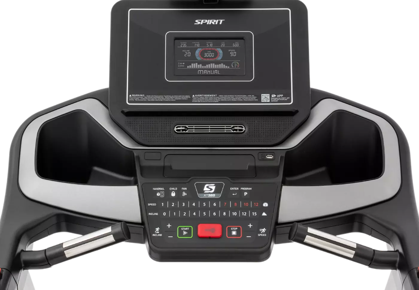 A treadmill that has the word spirit on it
