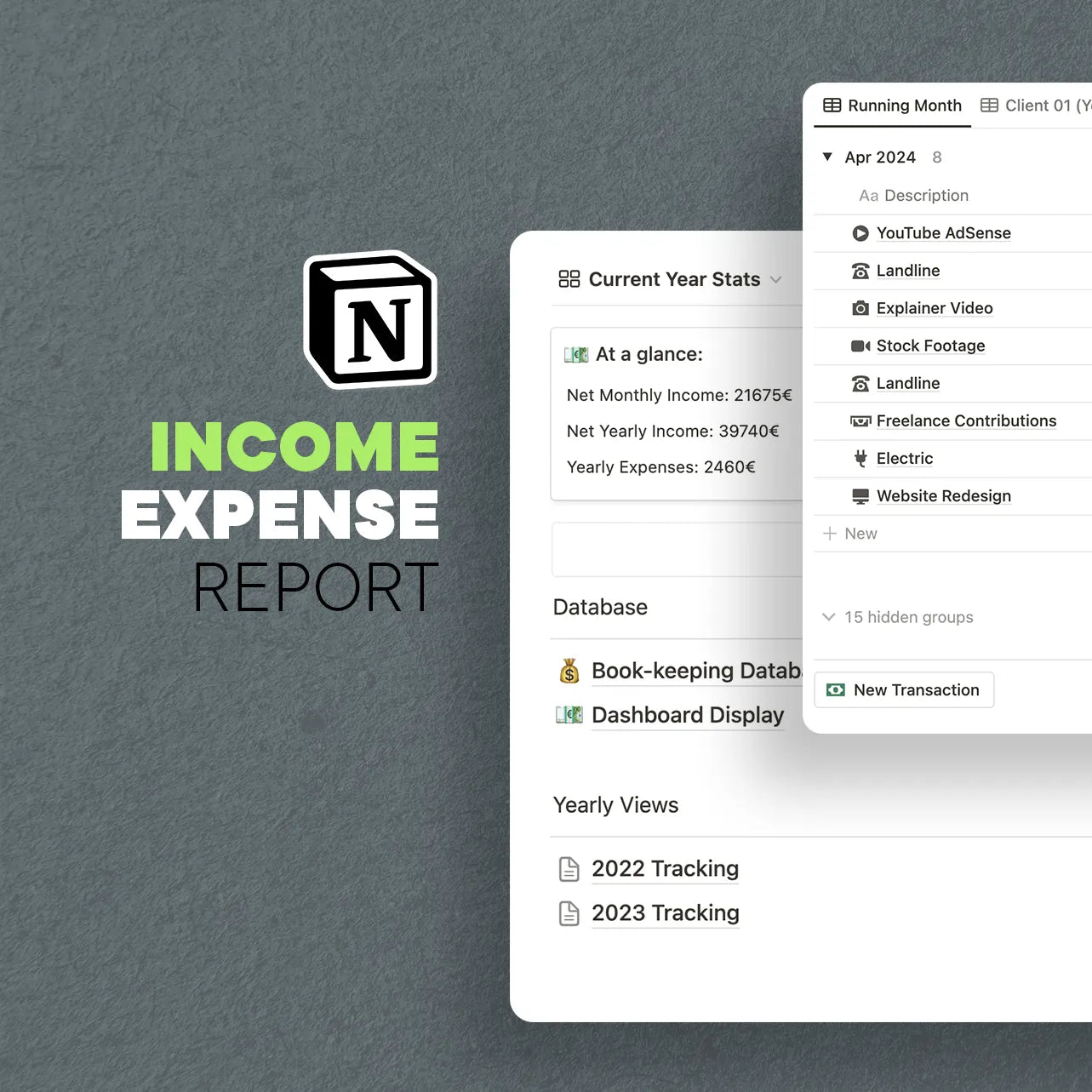A close up view of the income expense notion template