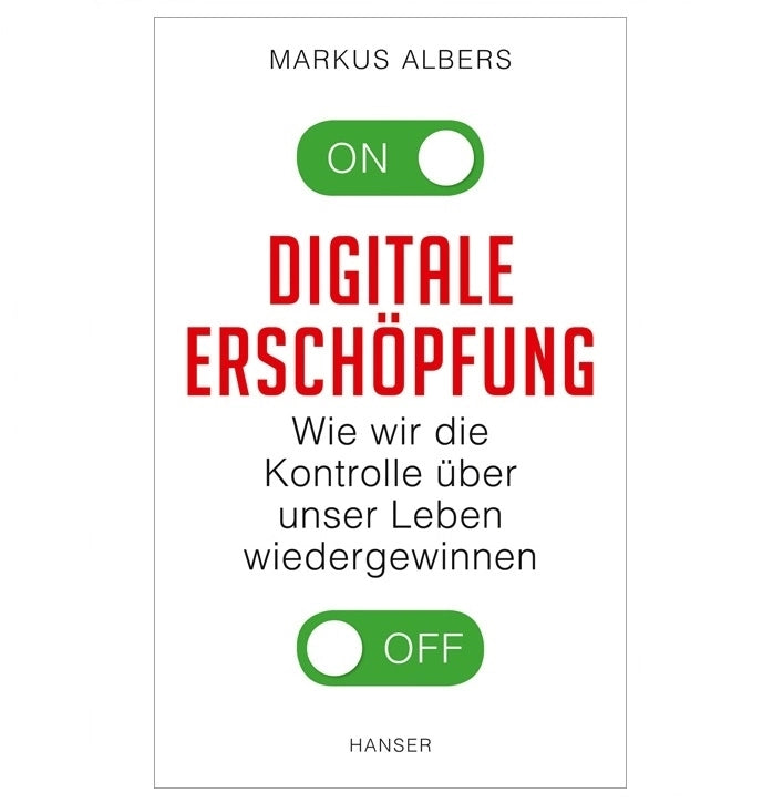 Cover of Digitale Erschöpfung by Tanja Madsen, featuring a grayscale close-up of a tired face partially overlaid with digital glitch effects, conveying exhaustion from constant connectivity.