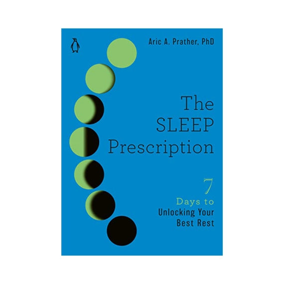 Couverture du livre "La prescription du sommeil" d'Aric A. Prather, PhD. Fond bleu avec une séquence de cerchi qui représente le mode lunaire en verticale à sinistre. Le titre est écrit en noir et bleu, avec le sous-titre : « 7 jours pour débloquer votre meilleur repos ».
