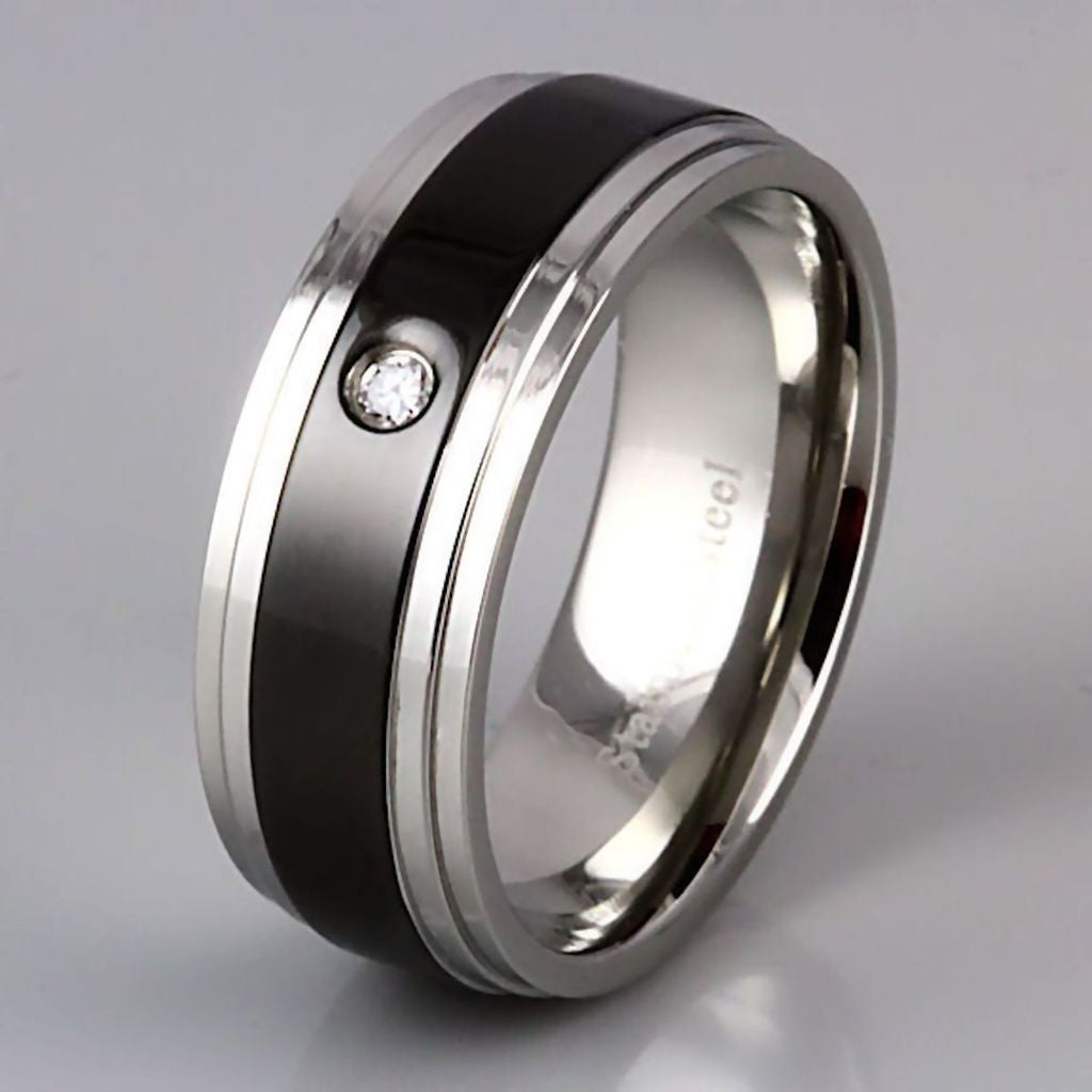 Rio: Mens 2 Tone Black and Silver Stainless Steel Russian CZ Band Ring ...