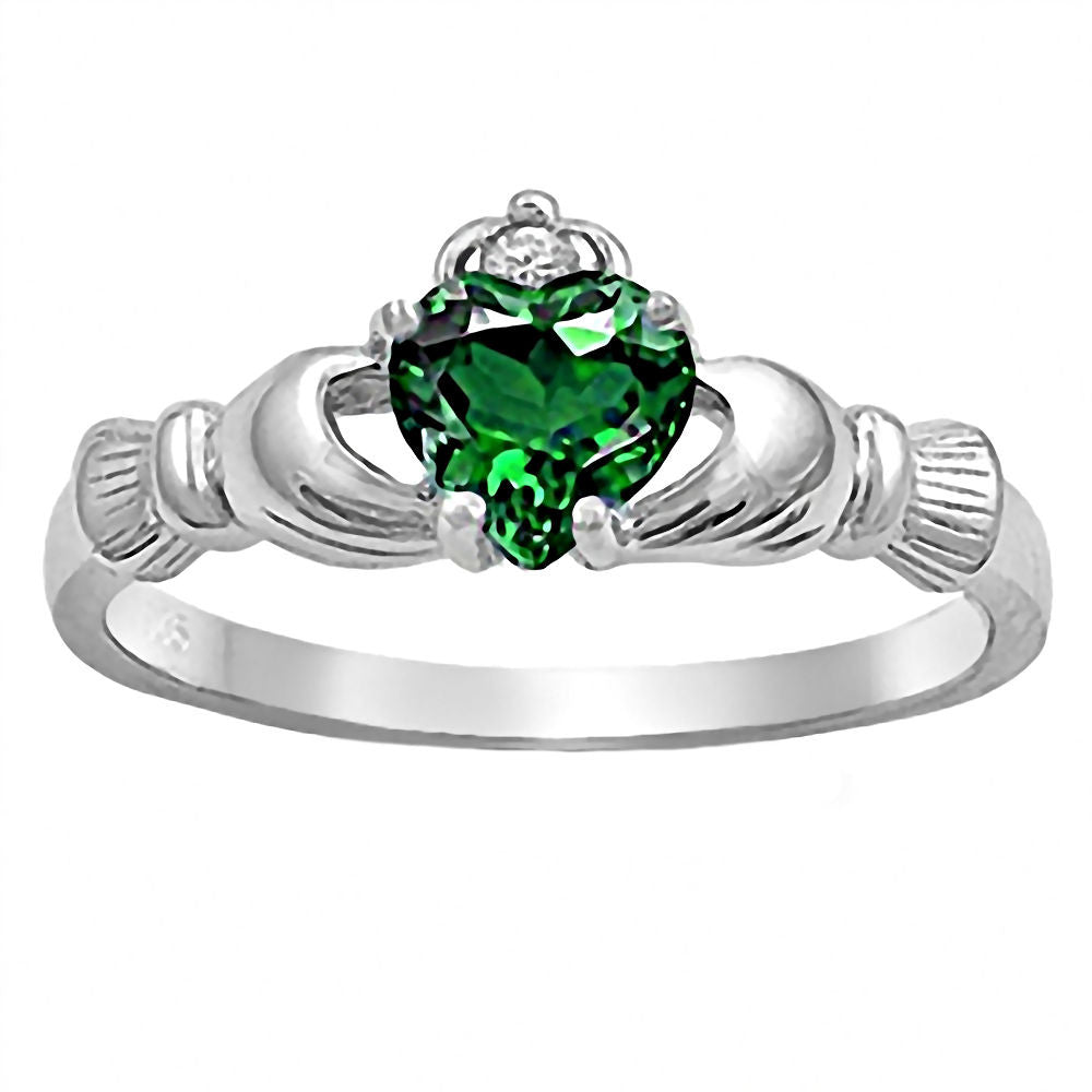 Brandi: 0.765ct Heart cut Created Green Emerald Claddagh Ring Silver ...