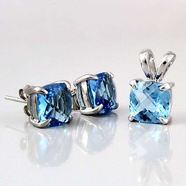 Elena: Cushion Cut Blue Topaz Crystal Pendant & Earrings Set Silver ...