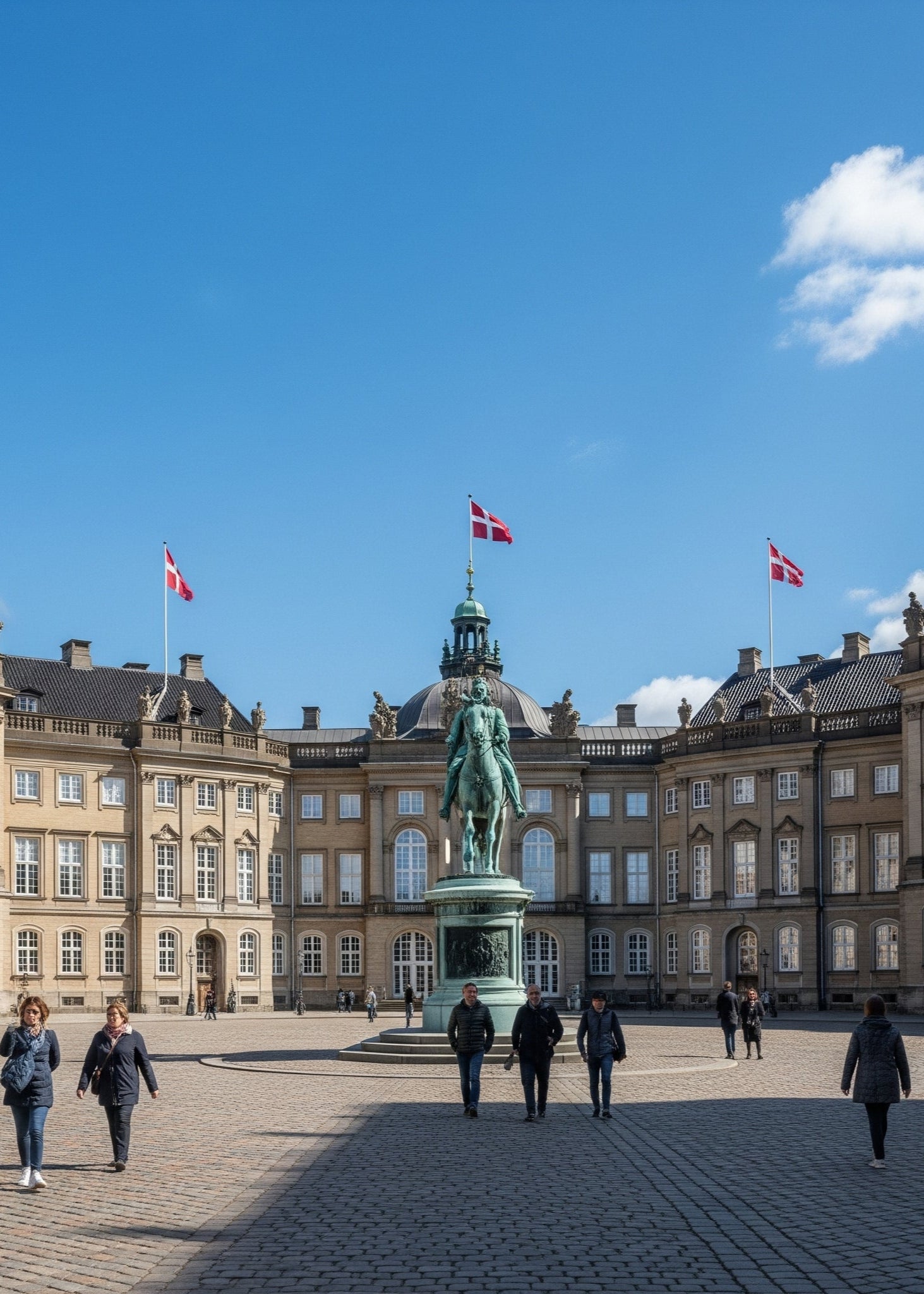 Et billede af Amalienborg Slotsplads i København på en solrig dag. De fire identiske palæer omgiver den brostensbelagte plads, med rytterstatuen af Frederik V i midten. Nogle få mennesker går rundt på pladsen.