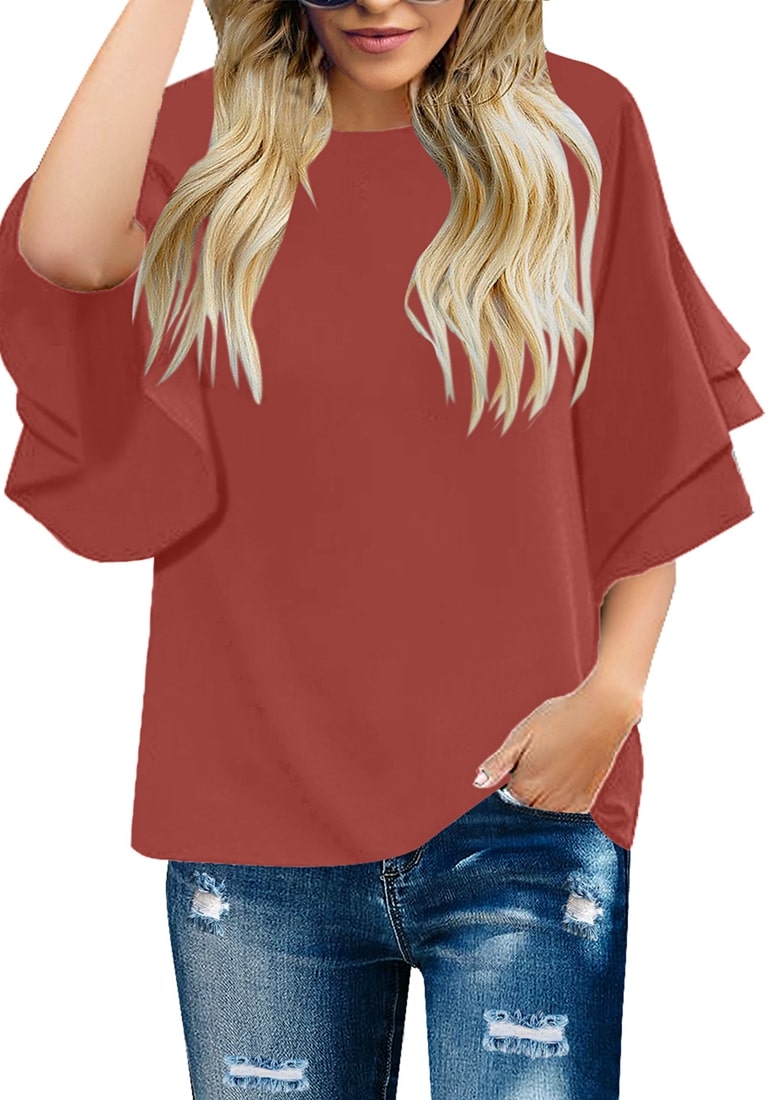 Casual Crewneck Tiered 3/4 Bell Sleeves 