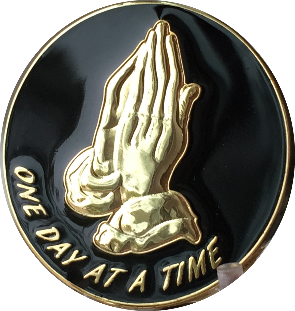 Praying Hands Black And Gold Plated One Day At A Time Medallion Sobriety Recoverychip 2926