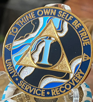1 Year AA Medallion Elegant Blue Marble Gold Sobriety Chip - RecoveryChip