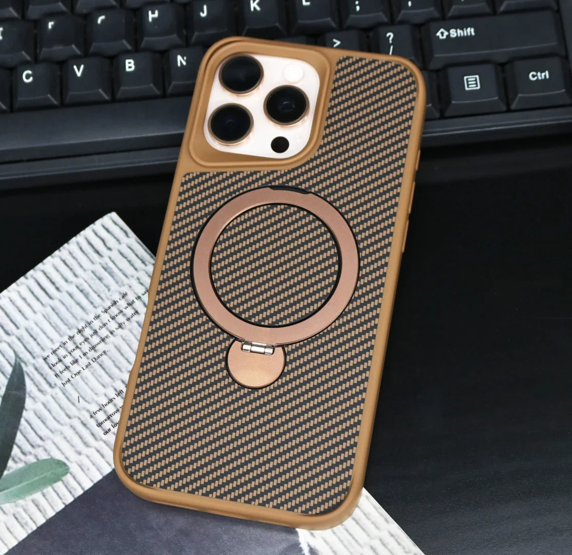 2025 New Design Non-Slip Sides Black Woven Carbon Fiber with Ring Holder 360 Degree Rotating Phone Holder Case for IPhone 16 Pro