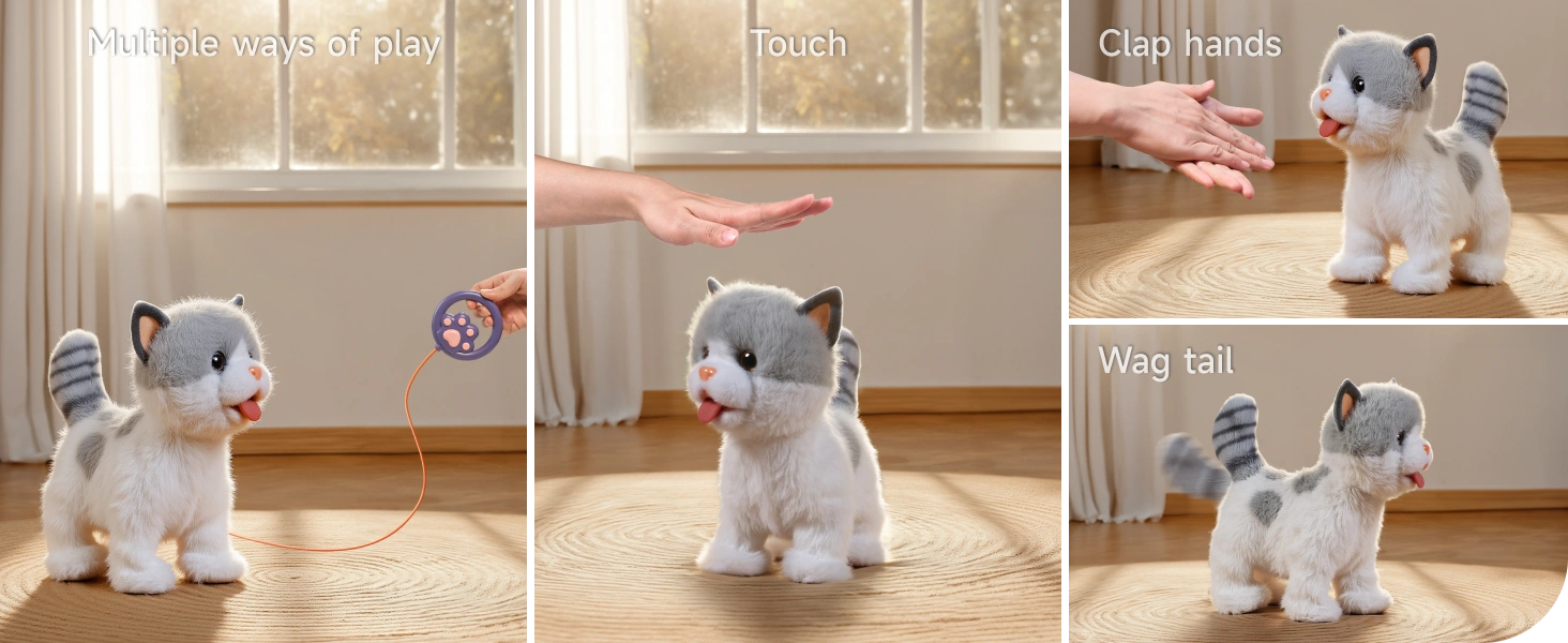 A collage showing the interactive plush cat toy performing various functions. The left image shows the cat controlled by a purple paw-shaped remote. The top right image highlights touch activation, the middle right image shows clap-responsive behavior, and the bottom right image demonstrates the cat wagging its tail. A fun and versatile toy for kids.