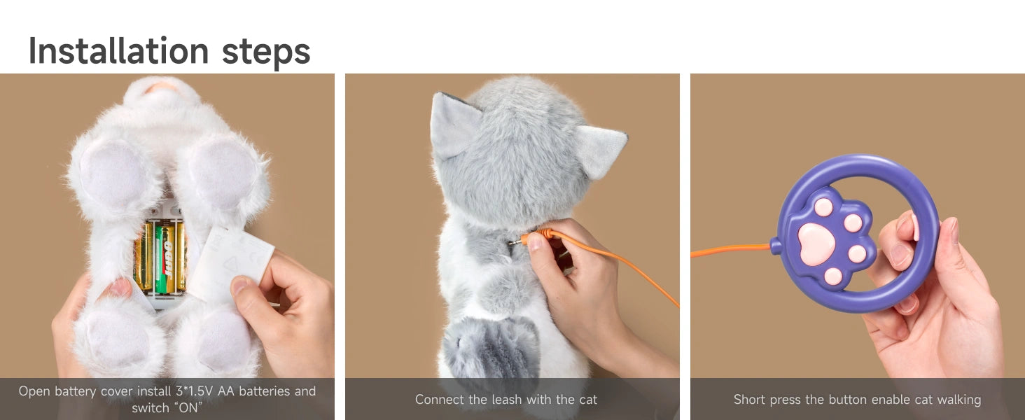 A step-by-step guide to installing the interactive plush cat toy. The first image shows inserting batteries into the toy's underside. The second image shows connecting the orange leash to the toy. The third image shows the purple paw-shaped remote used to control the cat. Clear and user-friendly instructions for setup.