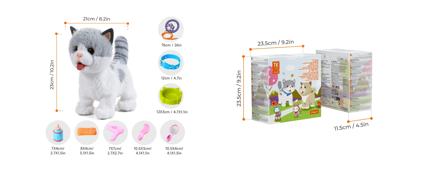 A detailed size chart for the interactive plush cat toy and its accessories, including the toy dimensions and measurements for the milk bottle, salmon toy, hairdryer, collar, food bowl, comb, mirror, and remote leash. The packaging measurements are also shown for reference.