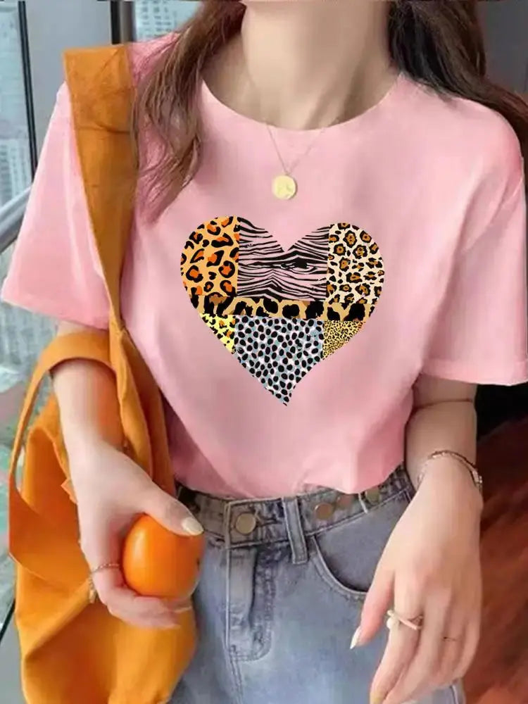 Leopard Love Heart Trend Cute Tee Top Fashion Summer Women Clothes O-neck Print Short Sleeve Clothing Graphic T-shirt T Shirt - Suncollections