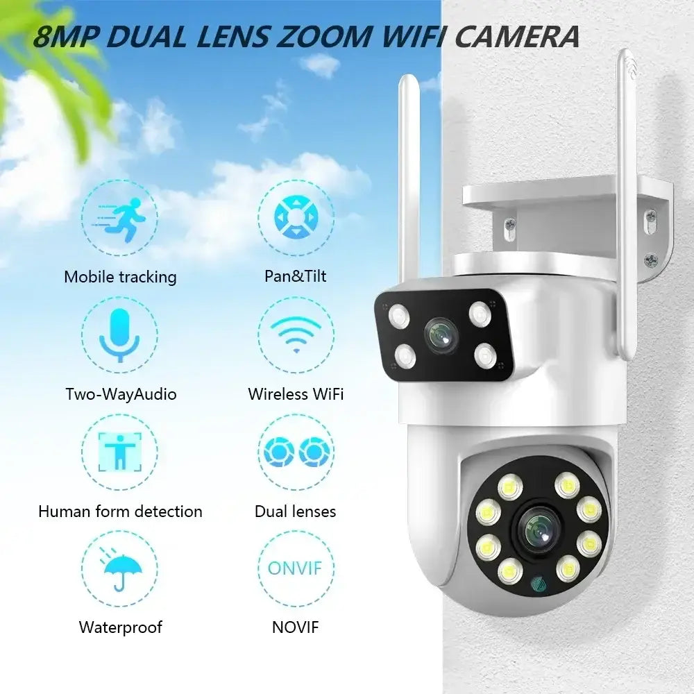 Câmara de vigilância de vídeo de segurança exterior 4K 8MP Tuya com lente dupla PTZ WIFI Full HD ecrã duplo Ai rastreamento automático humano