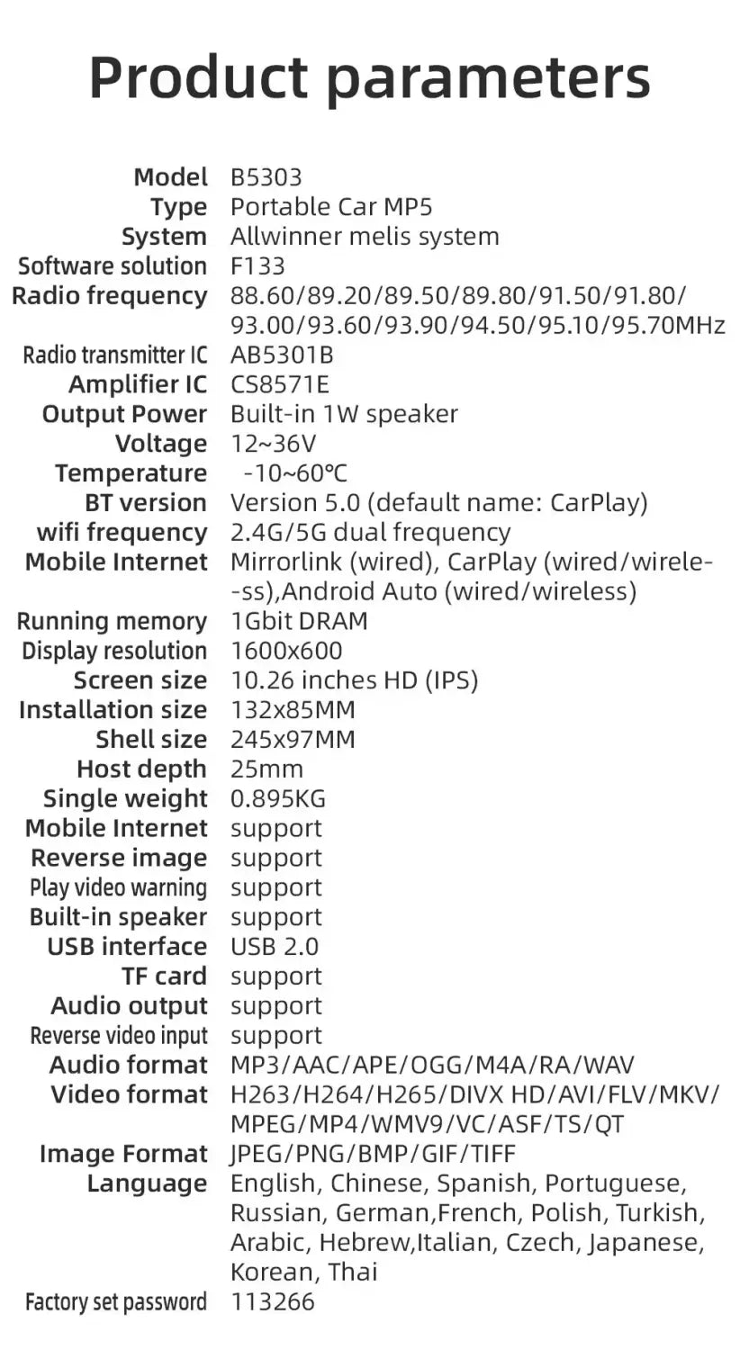 Rádio automóvel universal com ecrã de 10,26" Carplay, multimédia, Wi-Fi, leitor de vídeo, ecrã Carplay sem fios + câmara de 12 LEDs para Apple ou Android