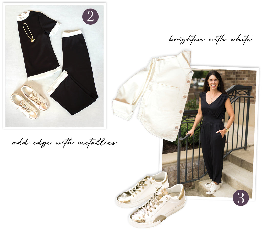 flatlay of white and black two piece set and woman in black jumpsuit