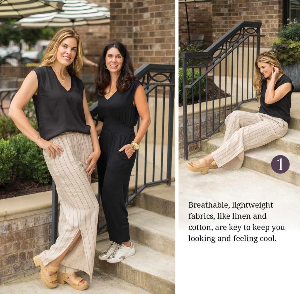 two women on the steps in linen pants and black jumpsuit