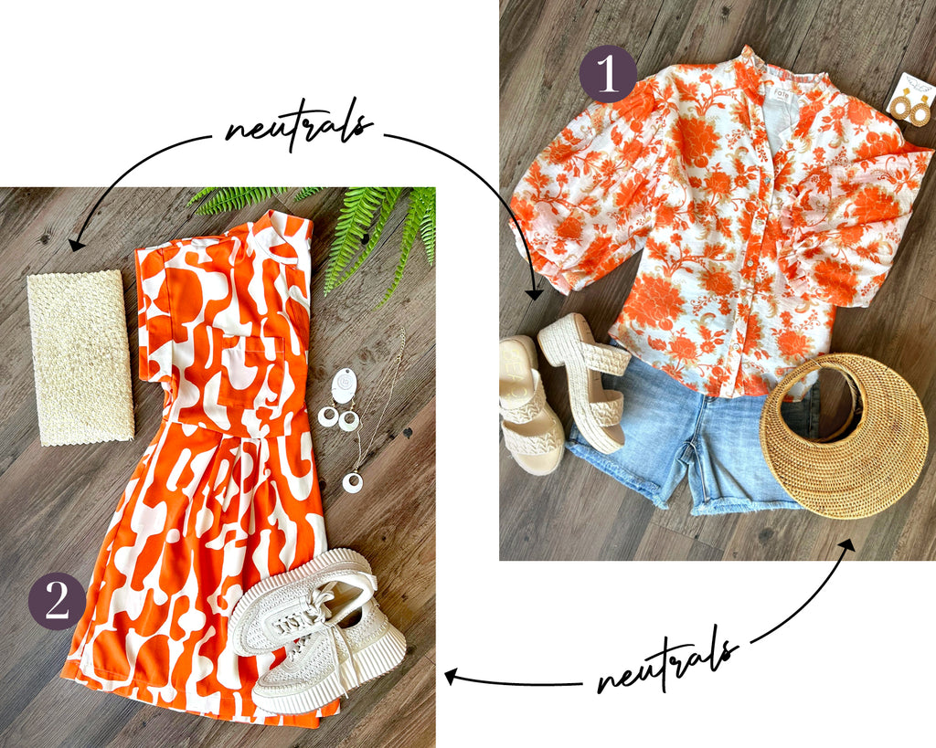 Flatlays with orange outfits and neutral accessories