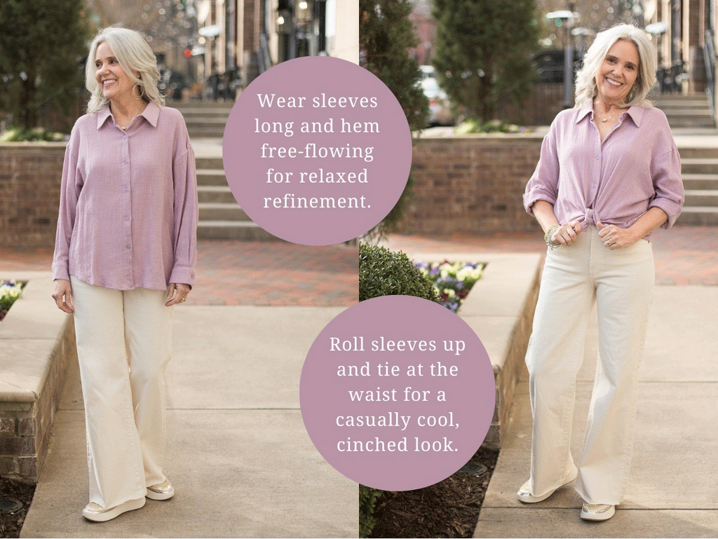 2 ways to style purple linen shirt with wheat pants