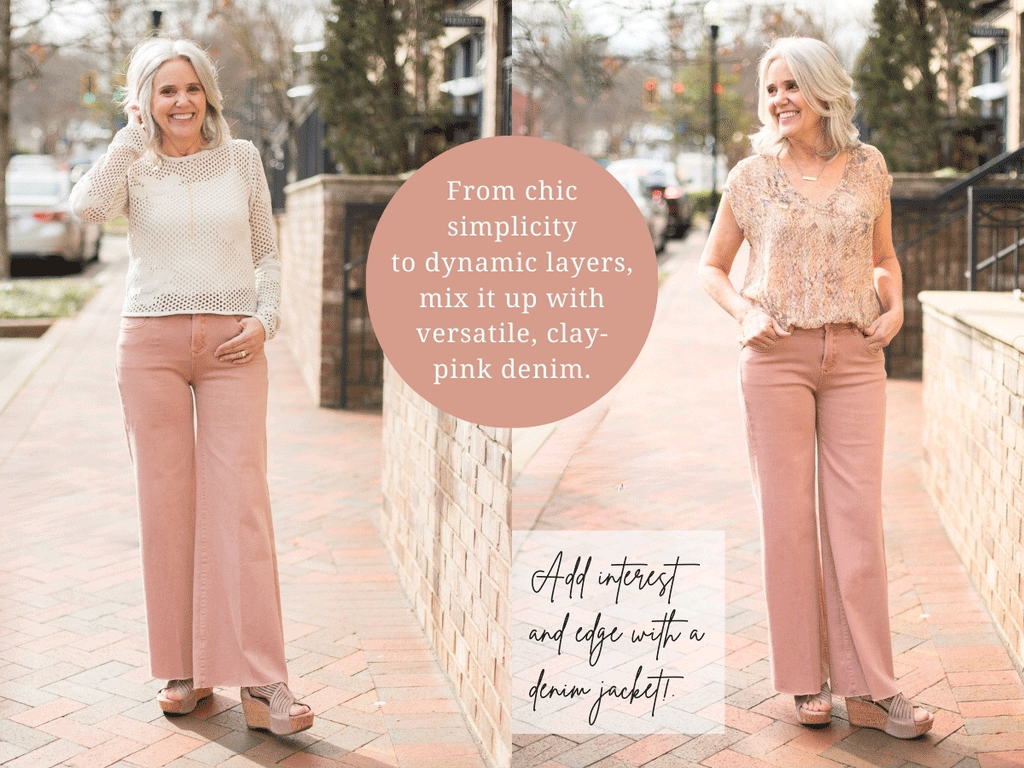outfit options for clay-pink denim pants