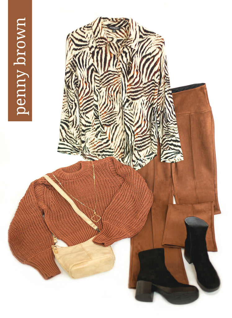 fall outfit with penny brown suede pant and zebra blouse