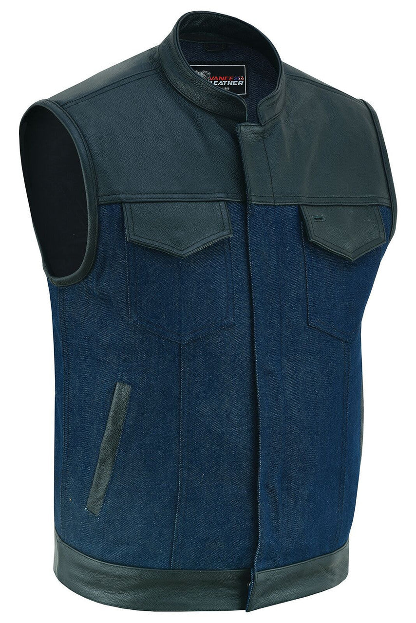 Mens Blue Motorcycle Denim Vest SOA Club Vest with Leather trims